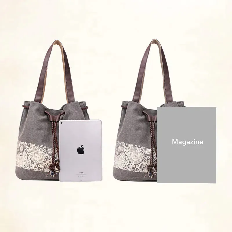 Canvas Print Drawstring Bucket Bag