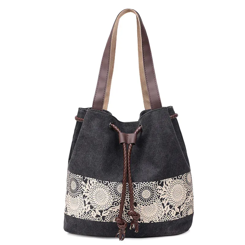 Canvas Print Drawstring Bucket Bag