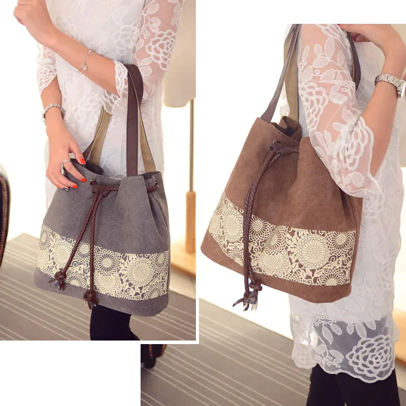 Canvas Print Drawstring Bucket Bag