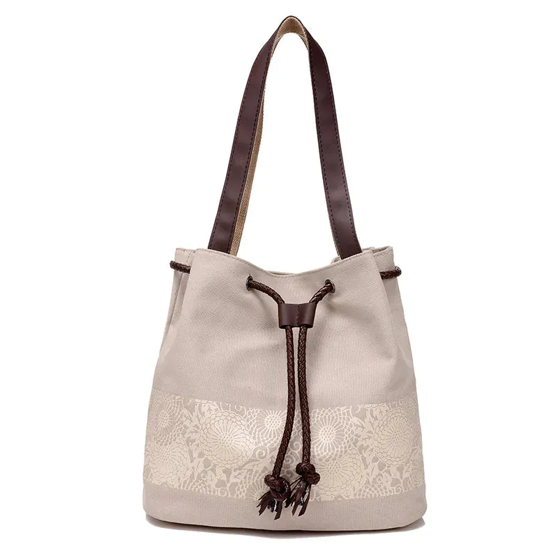 Canvas Print Drawstring Bucket Bag
