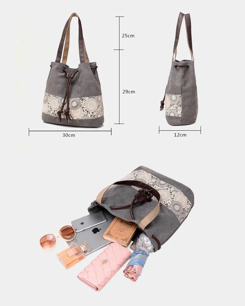 Canvas Print Drawstring Bucket Bag