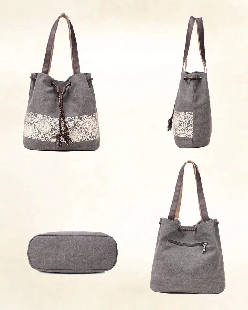 Canvas Print Drawstring Bucket Bag
