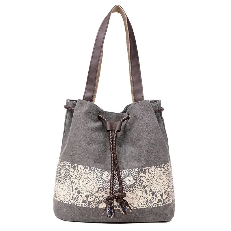 Canvas Print Drawstring Bucket Bag