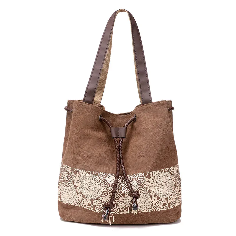 Canvas Print Drawstring Bucket Bag