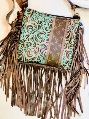 Medium Crossbody - Embossed Ariel Swirl, Brown Off center strip