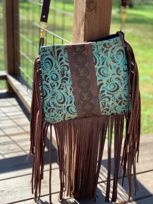 Medium Crossbody - Embossed Ariel Swirl, Brown Strip