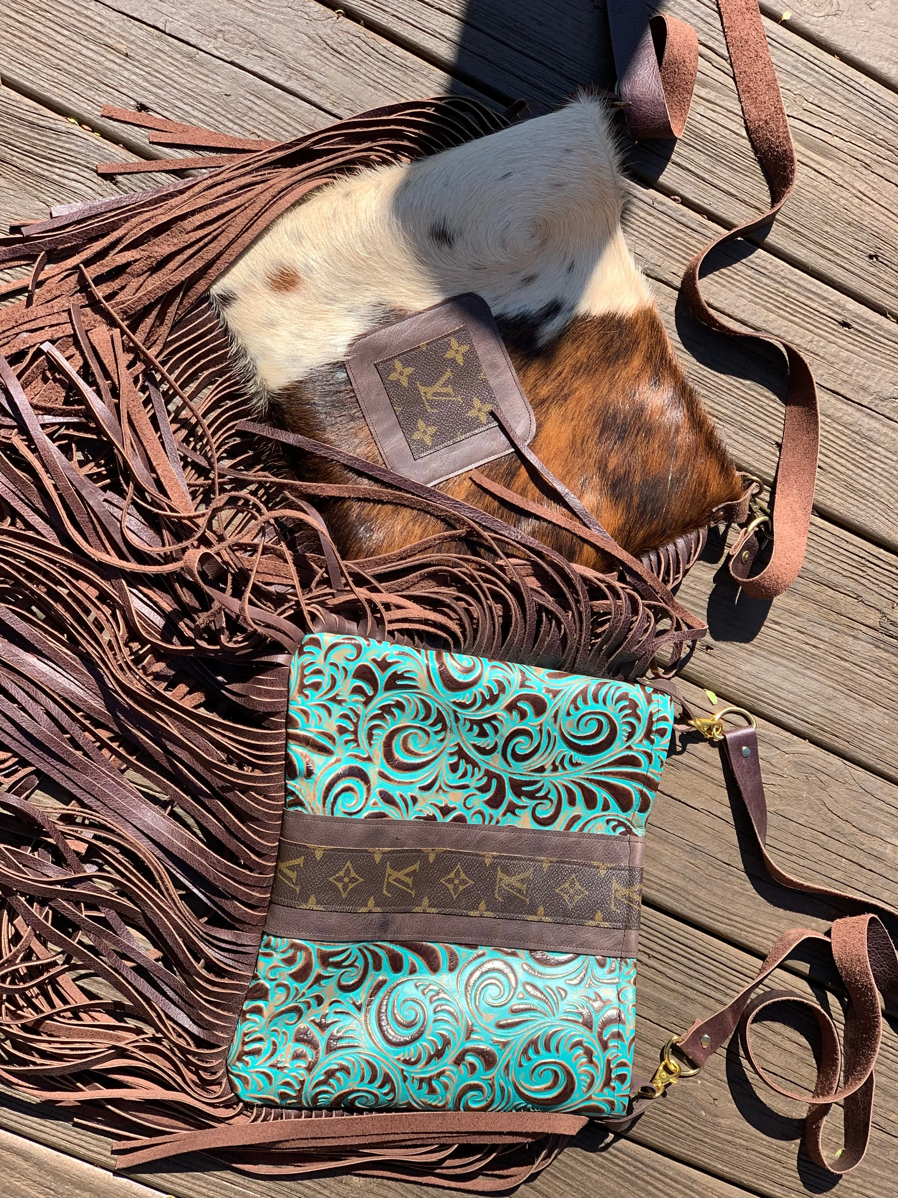 Medium Crossbody - Embossed Ariel Swirl, Brown Strip