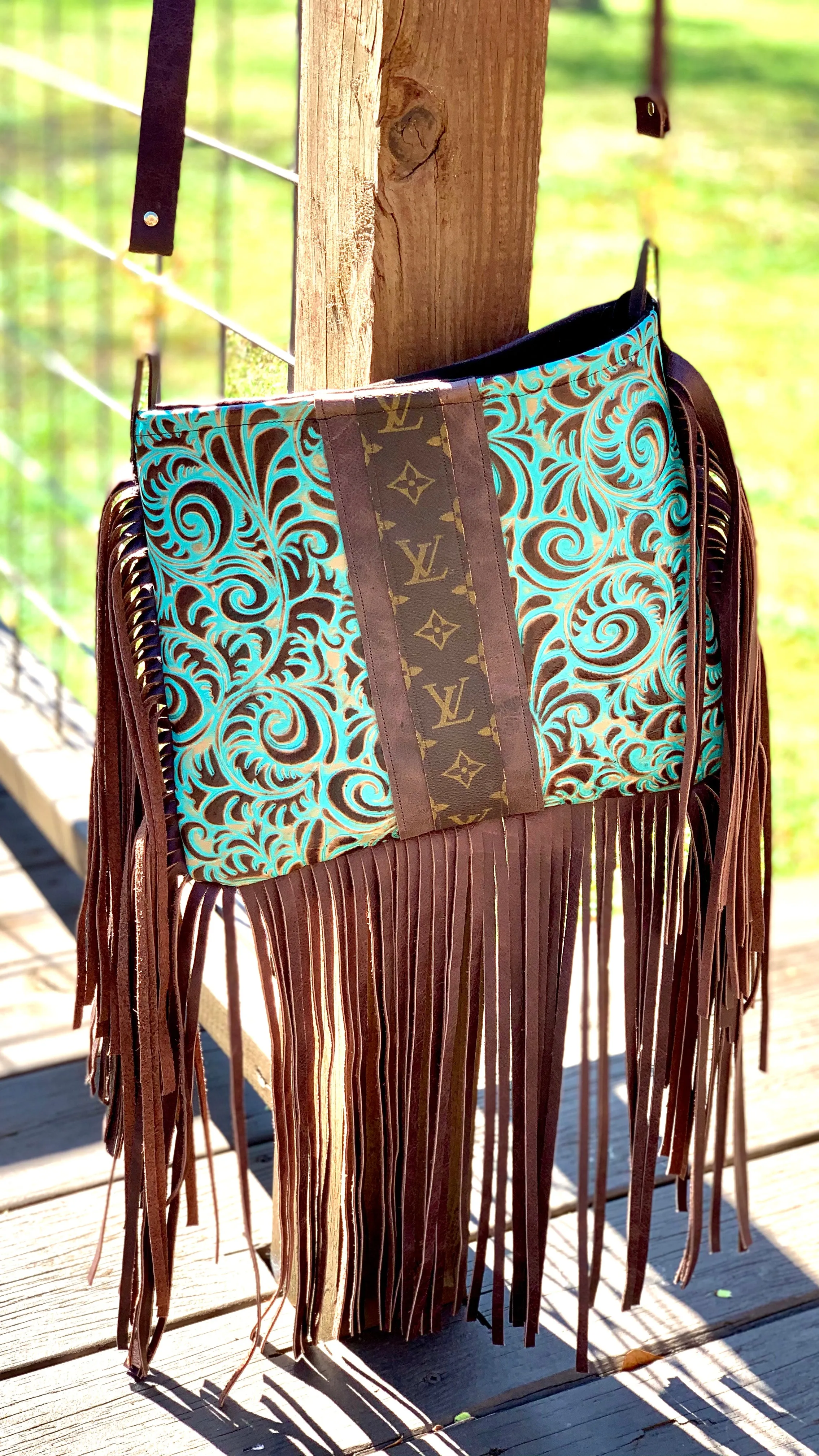 Medium Crossbody - Embossed Ariel Swirl, Brown Strip