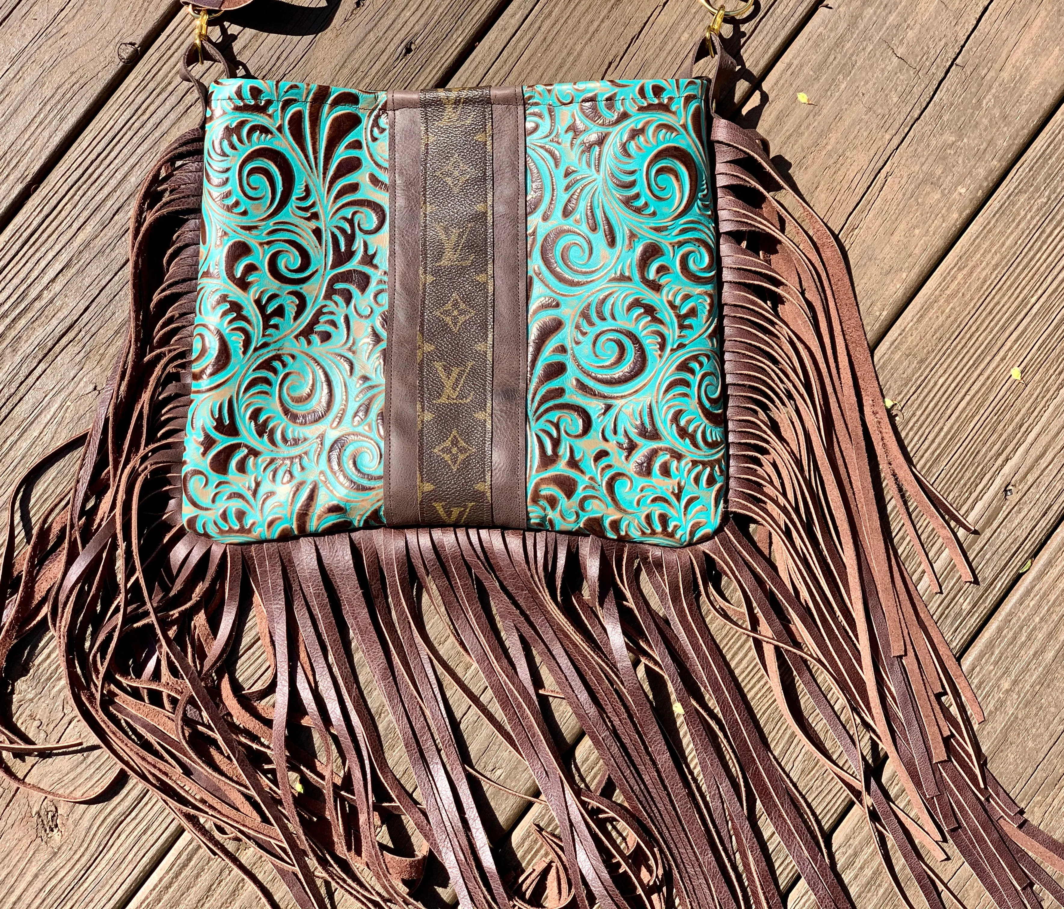 Medium Crossbody - Embossed Ariel Swirl, Brown Strip