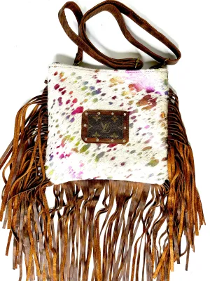 Medium Crossbody in rainbow bright, brown patch hardware- rhinestone