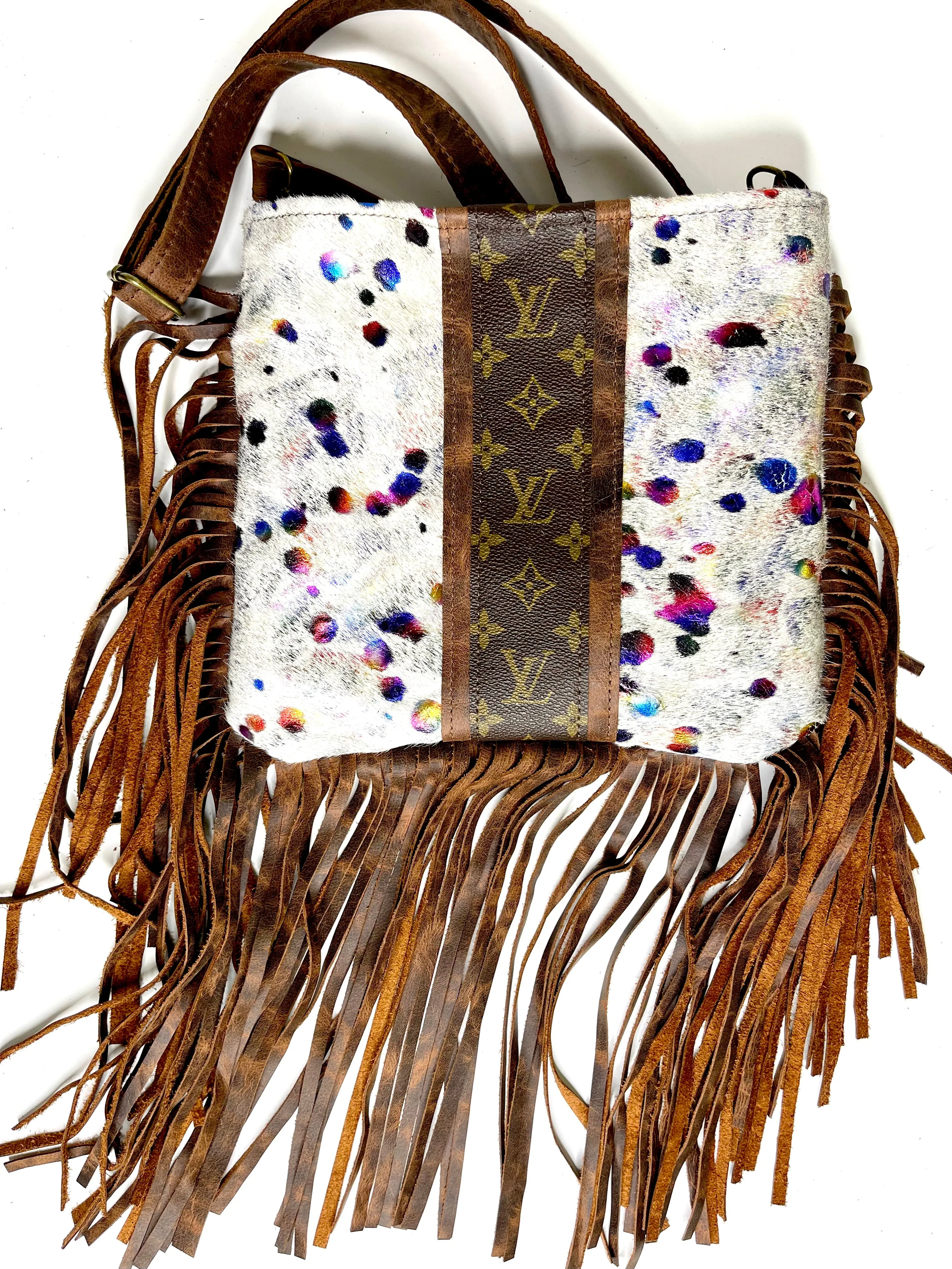 Medium Crossbody - white Acid Raimbow- brown strip