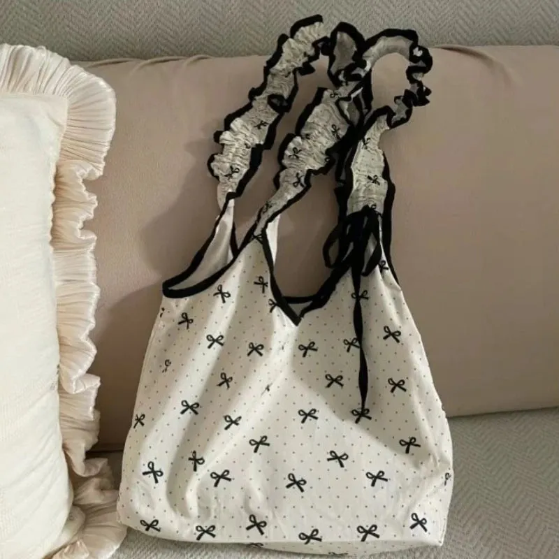 Uakiss Y2k Aesthetic Fairy Fashion Bow Print Underarm Bags Casual Pleated Dot Women Shopping Bag Drawstring All Match Shoulder Handbags