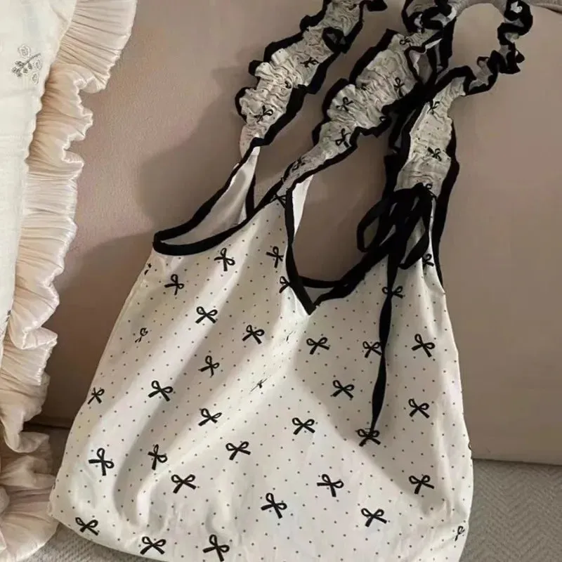 Uakiss Y2k Aesthetic Fairy Fashion Bow Print Underarm Bags Casual Pleated Dot Women Shopping Bag Drawstring All Match Shoulder Handbags